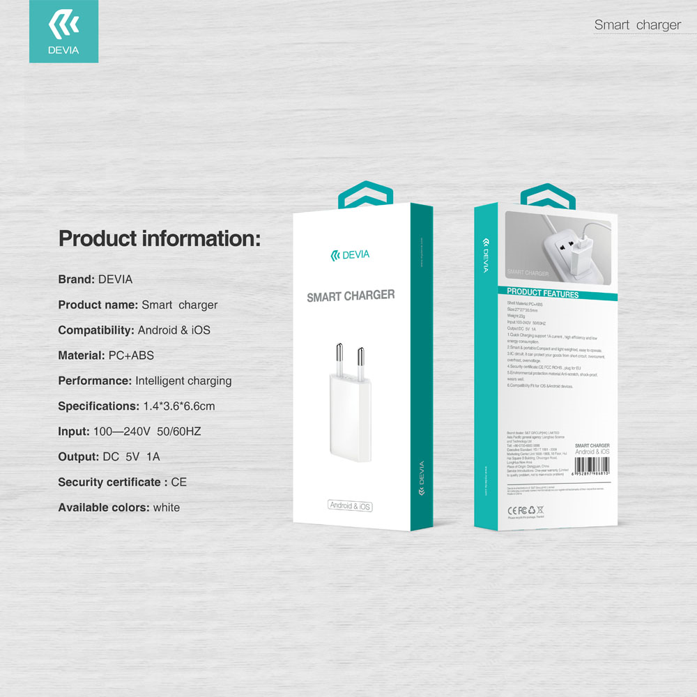 DEVIA Smart Series EU Charger White (EU,5V,1A,1USB)