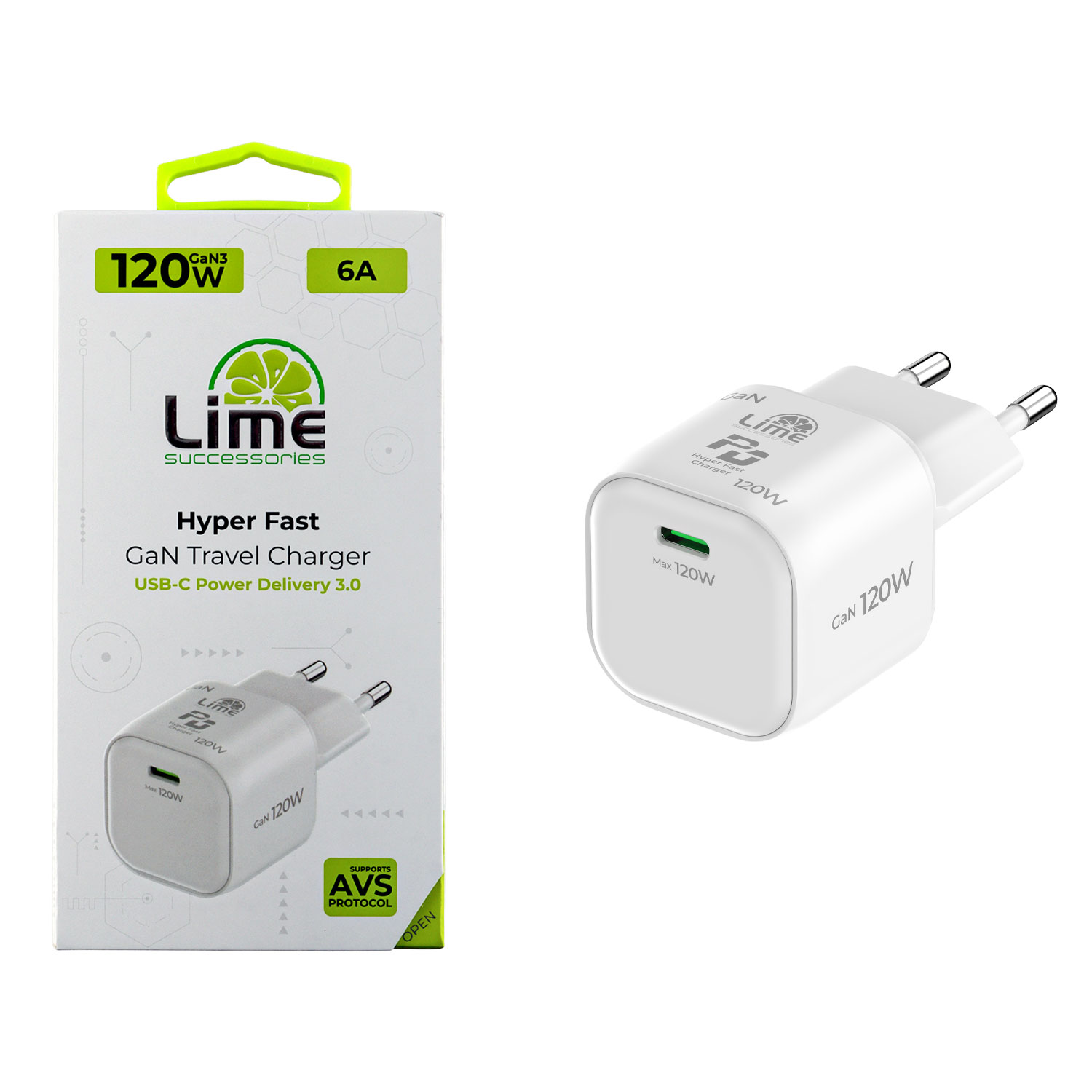 LIME USB-C GAN PD 3.2 AVS HYPER FAST TRAVEL QC 3.2 LCC120W 5V-9V 4A/ 12V 5A/ 15V-20V 6A 120W WHITE