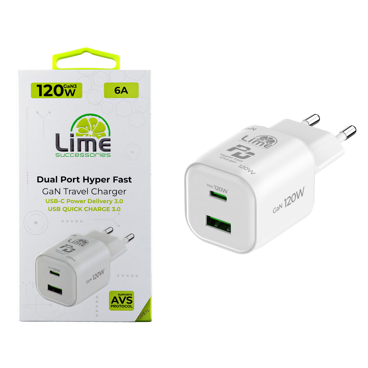 LIME USB-C GAN PD 3.2 DUAL AVS HYPER FAST TRAVEL QC 3.2 LDC120W 99W + USB-A QC 3.2 21W TOTAL 120W WH