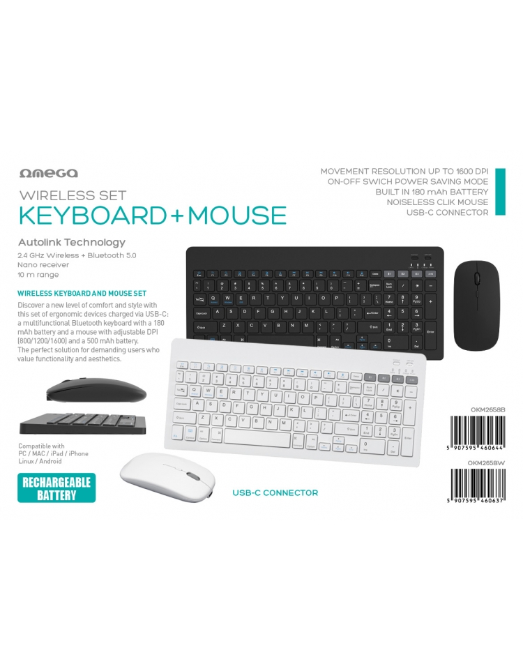 OMEGA KEYBOARD US + MOUSE WIRELESS BLUETOOTH BLACK TUPE-C