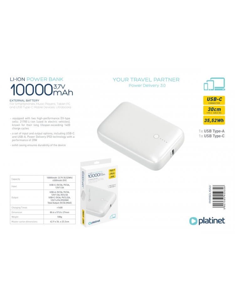 PLATINET POWER BANK 10000mAh PD22,5W QC EV-BATTERY 1400 Cycles WH