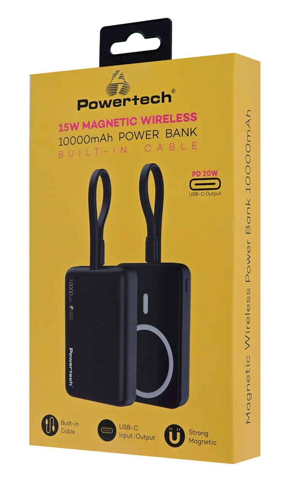 POWERTECH power bank PT-1376 με καλώδιο, 10000mah, magnetic wireless, 20W, μαύρο