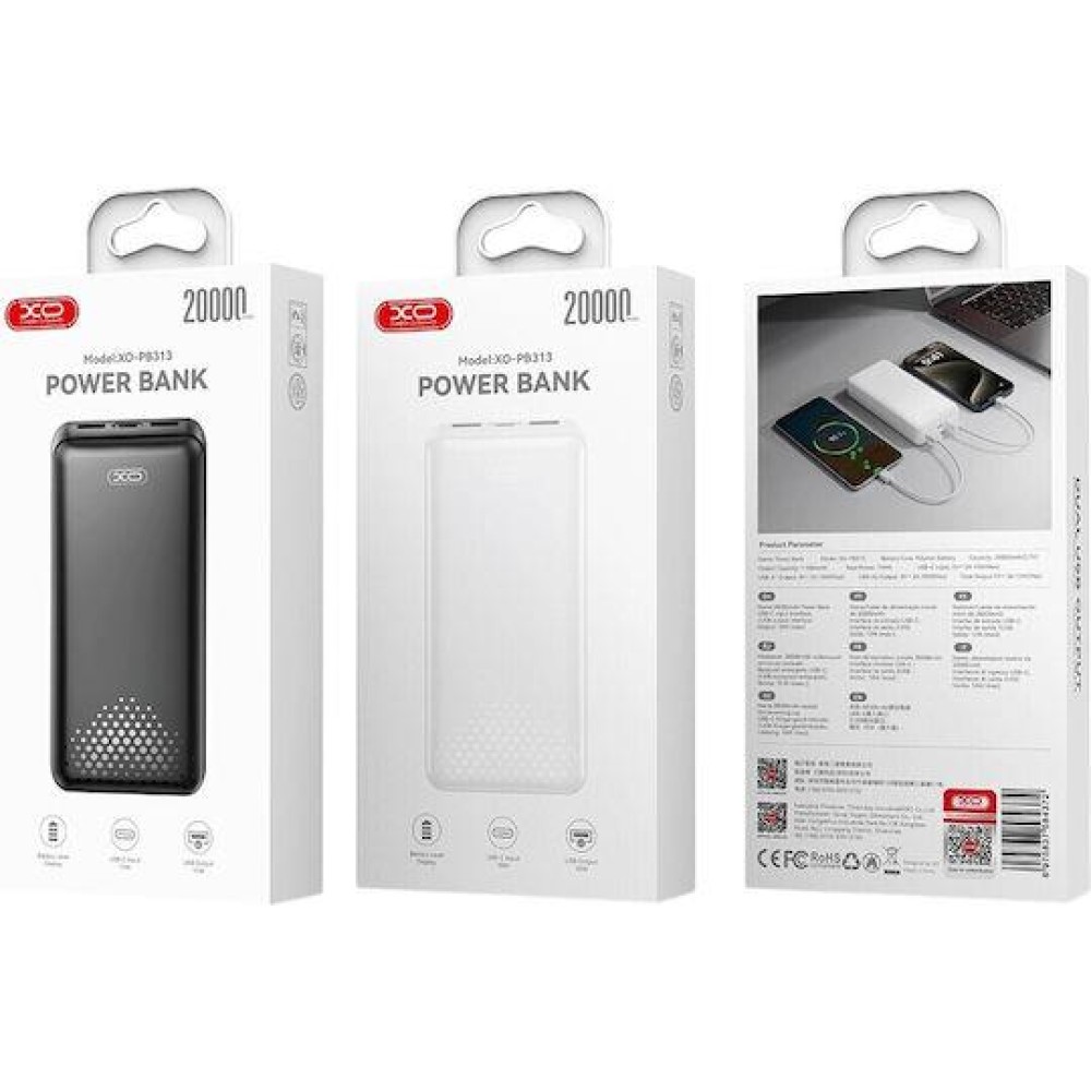 XO PB313, POWERBANK, 20000MAh, ΜΑΥΡΟ