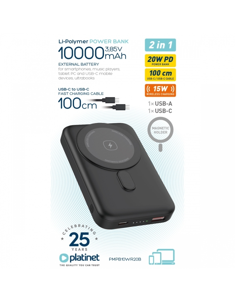 Platinet Power Bank 10000mAh 20W με Θύρα USB-A και Θύρα USB-C Μαύρο